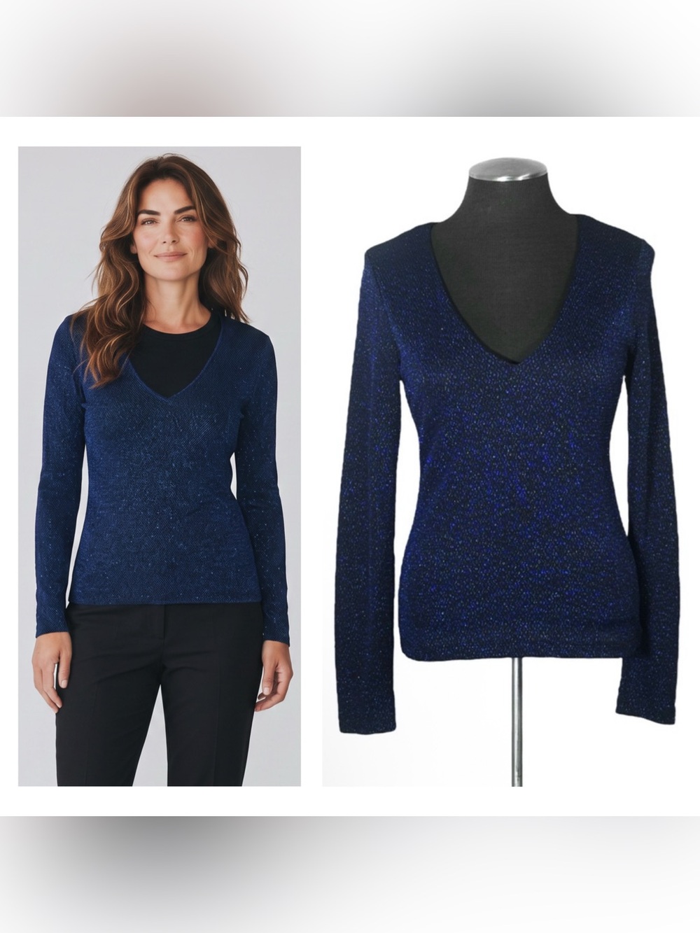 🆕 H&M – Blue Sparkle Holiday V-Neck Long Sleeve Lined Stretch Top – Small